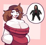 anthro big_breasts biped breasts brown_body brown_fur brown_hair cleavage clothed clothing female fur hair headgear headwear hoodie huge_breasts looking_at_viewer open_mouth red_clothing smug solo topwear white_body white_clothing white_fur conditional_dnp welwraith real_world cassie_(goolahan) keanu_reeves canid canine canis domestic_dog mammal 2023