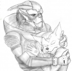 anthro duo hug male romantic romantic_couple simple_background fredryk_phox bioware electronic_arts mass_effect nintendo paintchat star_fox fox_mccloud garrus_vakarian alien canid canine fox mammal turian monochrome