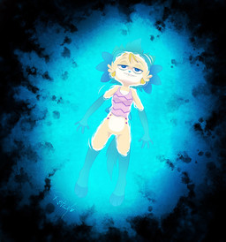anthro blonde_hair blue_eyes bottomless brown_body brown_fur clothed clothing female floating fur hair lying on_back pink_clothing pink_topwear smile solo tail topwear vaporotem vap_(vaporotem) canid canine canis domestic_dog mammal 2026 digital_media_(artwork) hi_res