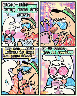 4_panel_comic aloha_shirt anthro bodily_fluids bow_tie cellphone cheek_tuft cigarette cigarette_in_mouth clothing dialogue duo electronics eyewear facial_tuft half-closed_eyes hat headgear headwear humor magazine male narrowed_eyes nervous nervous_smile object_in_mouth open_mouth pattern_clothing pattern_shirt pattern_topwear phone shirt smartphone smoking_tobacco speech_bubble sunglasses suspenders sweat sweatdrop text topwear tuft rawdawgcomics bingus_(rawdawgcomics) stahli_(rawdawgcomics) bird_dog canid canine canis domestic_dog golden_retriever hunting_dog lagomorph leporid mammal rabbit retriever 4:5 comic english_text