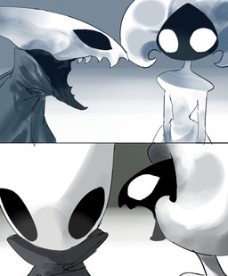 anthro clothed clothing duo female open_mouth sharp_teeth teeth otueso hollow_knight:_silksong hollow_knight_(franchise) team_cherry hornet_(hollow_knight) lace_(hollow_knight:_silksong) arthropod 2koma comic greyscale hi_res monochrome