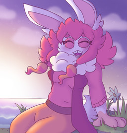 4_fingers accessory anthro bangs beads blue_sky blush bottomwear breasts circle_eyebrows clothed clothed_anthro clothed_female clothing cloud ear_tuft eyebrows eyelashes facial_markings female female_anthro fingers flower fluffy fluffy_tail fully_clothed fully_clothed_anthro fully_clothed_female fur grass hair hair_accessory hair_beads happy head_markings lake long_ears markings medium_hair multicolored_body multicolored_fur neck_tuft open_mouth open_smile orange_bottomwear orange_clothing orange_hair orange_hands orange_markings orange_pants outside pants pink_clothing pink_eyebrows pink_eyelids pink_hair pink_shirt pink_topwear plant purple_tongue red_clothing red_topwear red_vest shirt sitting sitting_on_ground sky smile solo sunset tail tan_inner_ear teeth text tongue tooth_gap topwear tuft vest water white_body white_flower white_fur white_tail gaypastabake mario_plus_rabbids_sparks_of_hope nintendo raving_rabbids rayman_(series) ubisoft fan_character popsicle_(gaypastabake) lagomorph mammal rabbid 2024 artist_name colored digital_drawing_(artwork) digital_media_(artwork) english_description hi_res portrait three-quarter_portrait
