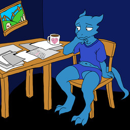 3_toes 4_fingers ambiguous_gender anthro avali_scratch_(text) beverage blue_body blue_bottomwear blue_clothing blue_shirt blue_shorts blue_topwear bottomwear chair clothing coffee container cup digitigrade duo feet fingers furniture mug painting paper sad shirt shorts solo table tail tapering_tail toes topwear window 0x0001 kobold scalie 1:1 absurd_res hi_res