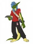 anthro backpack barefoot biped blue_hair book bottomwear camera clothed clothing feet green_body hair jewelry looking_at_viewer male necklace pants pencil_(object) shirt simple_background smile solo standing topwear white_background faint mattaeus gecko lizard reptile scalie