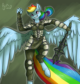 anthro anthrofied armor bethesda_softworks blue_body blue_feathers blue_fur crossover digital_media_(artwork) equid equine feathered_wings feathers female friendship_is_magic fur hair hasbro mace mammal melee_weapon microsoft multicolored_hair multicolored_tail my_little_pony mythological_creature mythological_equine mythology pegasus poisindoodles rainbow_dash_(mlp) rainbow_hair rainbow_tail skyrim solo tail the_elder_scrolls weapon wings