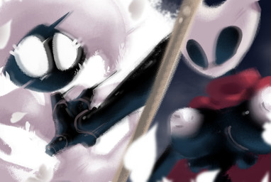 anthro big_breasts black_breasts breasts cloak clothing duo female gynomorph gynomorph/female hand_on_chest intersex intersex/female motion_blur on_lap shove white_body eviltqf hollow_knight:_silksong hollow_knight_(franchise) team_cherry hornet_(hollow_knight) lace_(hollow_knight:_silksong) arthropod insect hi_res