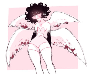 4_wings bangs black_hair blood bodily_fluids clothing curvy_figure eyelashes feathered_wings feathers female gloves_(marking) hair legwear markings multi_wing not_furry pear-shaped_figure pink_eyes solo thigh_highs wide_hips wings dreamalgia ash_kinoshita angel angel_humanoid humanoid winged_humanoid 6:5 hi_res nonbinary_(lore)