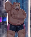 anthro belly bodily_fluids clothing detailed_background humanoid_hands kemono male overweight overweight_male solo sweat underwear aipangpangdeyua crave_saga gabu_(crave_saga) bear mammal 2023 hi_res