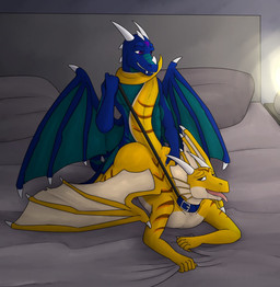 anal anal_penetration anthro anthro_on_anthro anthro_penetrated anthro_penetrating anthro_penetrating_anthro bed bedroom blue_body blue_scales bodily_fluids collar collar_only cum dominant dominant_male duo furniture genital_fluids grabbing_sheets indoor_nudity indoor_sex inside lamp leash leash_pull lying male male/male male_penetrated male_penetrating male_penetrating_male nightstand nude on_bed on_front open_mouth open_smile penetration penile penile_penetration penis_in_ass prehensile_tail scales sex smile submissive submissive_male tail wings yellow_body yellow_scales wallswhisper mythology goldy_(golden.dragon) ztragon_(character) dragon mythological_creature mythological_scalie scalie hi_res