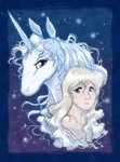 alternate_species blonde_hair blue_eyes duo female feral fur hair horn looking_at_viewer purple_eyes star white_body white_fur white_hair conditional_dnp jonas mythology rankin/bass the_last_unicorn amalthea_(tlu) equid equine human mammal mythological_creature mythological_equine unicorn hi_res