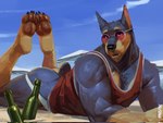 4_toes anthro beach biceps black_body black_fur black_nose bottle butt claws clothing container eyewear feet fur glasses jockstrap looking_at_viewer male muscular muscular_anthro muscular_male pawpads pose seaside shirt toes topwear underwear yellow_body yellow_fur mystikfox61 logan_(duke_corgi) canid canine canis dobermann domestic_dog mammal pinscher hi_res