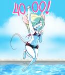 abstract_background anthro barefoot bikini biped blonde_hair clothed clothing ear_piercing feet female fur hair jewelry open_mouth piercing simple_background solo swimwear two-piece_swimsuit white_body white_fur devoid-kiss mammal mouse murid murine rodent