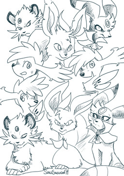 4_fingers ambiguous_gender angry black_nose cape chest_tuft clothing expressions female feral fingers group head_tuft male paws relaxing tuft spacesmilodon nintendo pokemon eeveelution generation_1_pokemon generation_2_pokemon generation_4_pokemon leafeon legendary_pokemon persian_(pokemon) pokemon_(species) shaymin sky_forme_shaymin umbreon 2014 absurd_res hi_res monochrome sketch sketch_page