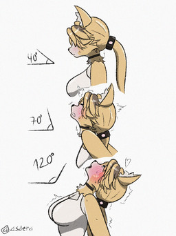anthro big_breasts blonde_hair blush breasts choker clothing female fur green_eyes grey_highlights hair hands_behind_back highlights_(coloring) jewelry looking_pleasured necklace shirt solo tank_top tied_hair topwear white_clothing white_shirt white_tank_top white_topwear yellow_body yellow_fur asdera angle_head_tilt_meme mihoyo zenless_zone_zero pulchra_fellini felid feline mammal thiren