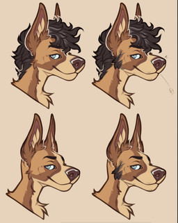 anthro black_eyebrows black_hair blue_eyes brown_body brown_ears brown_fur brown_nose cheek_tuft closed_smile eyebrows facial_tuft female fur glistening glistening_eyes hair inner_ear_fluff mouth_closed short_hair side_view simple_background smile solo tan_body tan_fur tan_inner_ear_fluff tuft unsigned seraphictiger canid canine canis domestic_dog mammal hi_res multiple_images multiple_versions