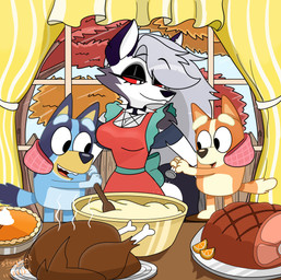 age_difference anthro apron autumn black_eyelids blue_body blue_fur breasts clothing collar female food fur grey_body grey_fur grey_hair group hair ham handwear holidays inside long_hair mashed_potatoes meat older_female orange_apron orange_body orange_clothing orange_fur oven_mitts pastry pie plant pork preparing_food pumpkin_pie red_leaves red_sclera salt salt_shaker smile spiked_collar spikes tail text tree trio turkey_meat white_body white_eyes white_fur window wooden_spoon yellow_curtains yellow_leaves young young_anthro young_female younger_female starpaintart bluey_(series) hellaverse helluva_boss mythology thanksgiving bingo_heeler bluey_heeler loona_(helluva_boss) australian_cattle_dog canid canid_demon canine canis cattledog demon domestic_dog hellhound herding_dog mammal mythological_canine mythological_creature pastoral_dog wolf 2024 absurd_res artist_name crossover dated hi_res