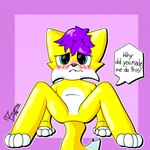 anthro blue_eyes blush blush_lines featureless_crotch fur hair male null purple_hair simple_background solo speech_bubble spread_legs spreading text white_body white_fur yellow_body yellow_fur bartisthedoggie bartis_(bartisthedoggie) canid canine canis domestic_dog mammal 1:1 english_text hi_res shaded signature simple_shading