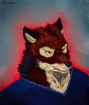 angry anthro ariwolfer brown_body brown_fur canid canine canis clothed clothing digital_media_(artwork) echo_(game) echo_(series) echo_project fur hi_res leo_alvarez male mammal portrait red_body red_eyes red_fur red_wolf simple_background solo wolf