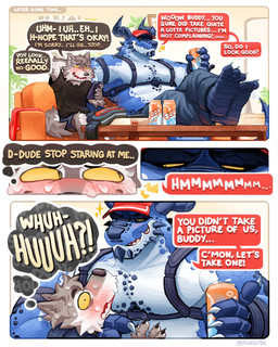 3_toes 5_fingers barefoot beverage black_clothing black_shirt black_spikes black_topwear blue_body blue_scales blush bodily_fluids bottomwear can cellphone cheek_spikes chin_spikes clothing container dialogue duo electronics facial_spikes feet fingers flustered foot_on_table furniture hand_behind_head hat headgear headwear holding_can holding_cellphone holding_container holding_object holding_phone hug jaw_spikes male muscular nervous nervous_sweat on_sofa pants pecs phone scales shirt shorts sitting sitting_on_sofa soda sofa speech_bubble spikes spikes_(anatomy) straps sweat table tail text toes topwear visor_cap wrist_strap fungiteh mythology canid canine canis dragon mammal mythological_creature mythological_scalie scalie wingless_dragon wolf absurd_res comic english_text hi_res