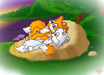 2_tails anthro balls big_eyes big_head blue_eyes detailed_background dipstick_tail duo flaccid forest fur genitals grass hands_behind_head looking_at_another lying male male/male markings multi_tail nude on_back orange_body orange_fur outside penis plant rock shota sky sunset tail tail_markings toony tree white_body white_fur wood young young_anthro twotails sega sonic_the_hedgehog_(series) miles_prower arctic_fox canid canine fox mammal true_fox