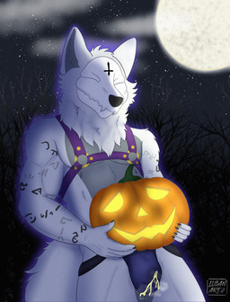 anthro balls_outline bodily_fluids bone bulge clothing cloud cross detailed_bulge exhibitionism eyes_closed food fruit fur genital_fluids genital_outline grey_body grey_fur harness inverted_cross jockstrap jockstrap_peeing jockstrap_wetting male moon neck_tuft omorashi outside peeing_through_jockstrap plant pumpkin purple_harness runes skull solo star tail tuft underwear urine urine_through_jockstrap watersports wetting wetting_jockstrap white_body white_fur lubanart asylumcursed canid canine mammal skulldog_(species) absurd_res hi_res