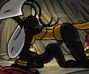 all_fours ambiguous_penetration antennae_(anatomy) anthro armor ass_up black_body blush bodily_fluids breasts breath butt clothing crossgender duo eyes_closed female female_penetrated genital_fluids genitals gold_(metal) gynomorph gynomorph/female gynomorph_penetrating gynomorph_penetrating_female heart_symbol horn inside intersex intersex/female intersex_penetrating intersex_penetrating_female larger_gynomorph larger_intersex light looking_pleasured map mask nude penetration penile penile_penetration penis red_clothing segmented_body sex size_difference smaller_female smaller_penetrated steam steaming_body sweat tent weapon anonymous_artist hollow_knight:_silksong hollow_knight_(franchise) team_cherry hornet_(hollow_knight) shakra_(hollow_knight:_silksong) arthropod insect 6:5