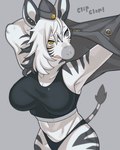 anthro big_breasts blush breasts clothed clothing ear_piercing female fur hair piercing police smile solo stripes topwear underwear white_body azi_4081 equid equine mammal zebra hi_res