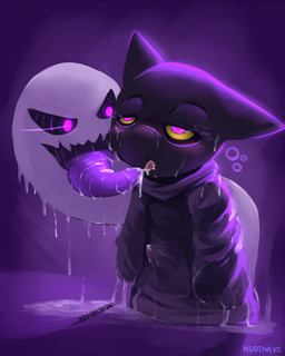 ahegao ambiguous_fluids ambiguous_gender anthro black_body black_fur blush bodily_fluids cloak clothed clothing crossgender cum cum_in_clothing cum_through_clothing dripping duo front_view fur genital_fluids half-closed_eyes holidays long_tongue looking_pleasured male messy mind_control narrowed_eyes naughty_face open_mouth possession pull_out robe saliva saliva_string standing tenting tongue tongue_out wet wet_clothing yellow_eyes young young_anthro nurinaki google google_doodle halloween magic_cat_academy momo_(google) domestic_cat felid feline felis ghost mammal spirit 2016 4:5 restricted_palette signature