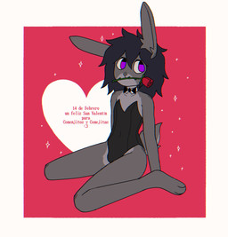 anthro black_bow_tie black_clothing black_hair black_leotard bow_tie clothing femboy flower flower_in_mouth fur geometric_background grey_body grey_fur hair heart_symbol holidays leotard male messy_hair plant purple_eyes rose_(flower) scut_tail short_tail simple_background sitting slim_anthro slim_male solo sparkles tail text crischar_foxito valentine's_day lagomorph leporid mammal rabbit 2026 absurd_res digital_drawing_(artwork) digital_media_(artwork) hi_res spanish_description spanish_text translated