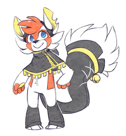 ambiguous_gender anthro bell black_nose blue_eyes clothing featureless_crotch fur head_tuft jingle_bell notched_ear orange_body orange_fur plantigrade poncho simple_background smile solo standing tail tuft white_background white_body white_fur yellow_inner_ear zipper darmp ailurid mammal red_panda 2014 digital_drawing_(artwork) digital_media_(artwork) flat_colors full-length_portrait hi_res portrait