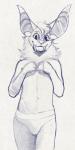 anthro bottomwear clothed clothing fangs hair looking_at_viewer male navel panties simple_background smile solo standing teeth topless underwear korichi rezzybat bat mammal monochrome