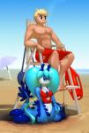 anthro apode beach blonde_hair blue_cerata blue_eyes blue_hair blue_rhinophores blue_tail bottomless bottomwear breasts cerata_(anatomy) chair clothed clothing duo eyelashes female furniture hair legless lifeguard lifeguard_tower long_tail male monster_girl_(genre) navel nipples outside red_cross rescue_buoy rhinophores sand seaside shorts smile tail topless whistle_(object) elpatrixf glauki_(elpatrixf) herman_(elpatrixf) aeolid_nudibranch aeolid_nudibranch_merfolk aquatic_gastropod blue_dragon_slug gastropod human mammal marine mollusk nudibranch nudibranch_merfolk sea_slug slug 2016 hi_res