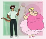 anthro big_breasts big_butt blonde_hair blue_eyes blush bottomwear breasts brown_body brown_eyes brown_fur butt clothing collar_shirt copyright_symbol duo female footwear fur hair hand_on_breast huge_breasts huge_butt huge_thighs male multicolored_body multicolored_fur obese obese_anthro obese_female overweight overweight_anthro overweight_female pants shirt shoes sneakers symbol thick_thighs topwear two_tone_body two_tone_fur satsumalord sandy_(satsumalord) william_(satsumalord) gerbil mammal murid mustelid otter rodent 2021 digital_media_(artwork) hi_res