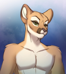 anthro countershade_face countershade_fur countershade_torso countershading eyebrows eyelashes fur green_eyes green_sclera male nude pecs simple_background solo tan_body tan_fur unsigned vtza damian_(vtza) felid mammal 2022 digital_media_(artwork) half-length_portrait hi_res portrait shaded