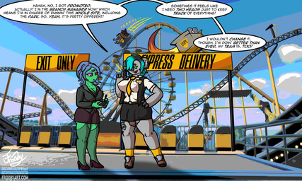 amusement_park amusement_ride anthro arm_tattoo badge big_nose bottomwear clothed clothing corruption duo female ferris_wheel fishnet_stockings flaccid footwear gate genitals green_body green_eyes grey_body gynomorph high_heels highlights_(coloring) intersex interview leg_tattoo necktie notebook pen_(object) penis pubes railing rolled_up_sleeves roller_coaster shirt shoes skirt socks suit_jacket tattoo text topwear transformation vest frooby chucklefish starbound draxis echoen hanako_futaba melbourne_(frooby) aquatic bat elephant elephantid fish goo_creature humanoid hylotl koala mammal marsupial nanomachines proboscidean synth_(vader-san) vombatiform 5:3 absurd_res english_text hi_res url
