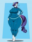 anthro big_breasts blue_eyes bottomwear breasts clothed clothing eyeshadow female hair horn looking_at_viewer makeup onomatopoeia purple_hair smile solo sound_effects text thick_thighs topwear tracksuit wide_hips thaliaglacyswells friendship_is_magic hasbro my_little_pony mythology rarity_(mlp) equid equine horse mammal mythological_creature mythological_equine pony unicorn 2024 digital_media_(artwork) english_text hi_res