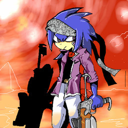 anthro black_clothing black_shirt black_topwear blue_body blue_feathers bottomwear clothing feathers frown grey_kerchief gun jacket kerchief looking_away male outline pants purple_clothing purple_jacket purple_topwear ranged_weapon shirt silhouette sky solo topwear weapon white_bottomwear white_clothing white_pants gunner_double_one monty_the_desert_eagle 1:1 digital_media_(artwork) low_res oekaki source_request