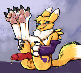 3_fingers 4_toes animal_genitalia animal_penis anthro armwear balls black_sclera blue_eyes bodily_fluids bridal_gauntlets canine_genitalia canine_penis claws clothing dipstick_ears dipstick_tail ear_markings erection fangs feet fingers genital_fluids genitals knot leg_markings legs_up looking_at_viewer male male_anthro markings multicolored_ears open_mouth open_smile pawpads paws penis pink_pawpads precum sitting smile socks_(marking) soles solo tail tail_markings teeth text toes prince-vulpine bandai_namco digimon canid digimon_(species) mammal renamon artist_name colored digital_media_(artwork) hi_res shaded