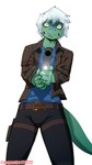 5_fingers anthro belt blue_body blue_clothing blue_scales blue_shirt blue_topwear brown_clothing brown_jacket brown_topwear claws clothing female finger_claws fingers front_view green_body green_scales grey_hair gun hair holding_gun holding_object holding_ranged_weapon holding_weapon holster jacket long_tail looking_at_viewer multicolored_body multicolored_scales pointing_gun pointing_gun_at_viewer ranged_weapon scales scared sharp_teeth shirt short_hair simple_background solo tail teeth text topwear two_tone_body two_tone_scales weapon white_background yellow_eyes espectro111222 cavemanon_studios snoot_game emily_(vaguarie) fan_character dinosaur prehistoric_species reptile scalie 2025 artist_name digital_drawing_(artwork) digital_media_(artwork) hi_res watermark