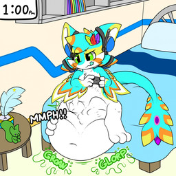 3_fingers 3_toes 4_ears abdominal_bulge ambiguous_gender anthro bed bedroom belly big_belly biped blue_body blue_feathers controller electronics face_imprint fatal_vore feathers feet fingers furniture game_controller headgear headphones headset huge_belly imprint inside licking licking_lips multi_ear navel rumbling_stomach short sitting soft_vore solo tail toes tongue tongue_out vore white_body winged_arms wings finniponx finniponx_(character) avali 1:1 2025 hi_res