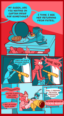 anthro bottle bowl cloche container cup dialogue dildo drawer duo female food fruit furniture mug plant plate profanity pushing_down pushing_head restrained sandwich_(food) sex_toy speech_bubble table telescope text vanilla_candy mythology unicorn_blood_(comic) aspen_(vanilla_candy) cayenne_(vanilla_candy) arthropod dragon insect mythological_creature mythological_scalie scalie absurd_res comic english_text hi_res