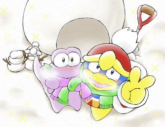 anthro beak blue_body blue_feathers clothed clothing detailed_background duo facial_hair feathers gesture hand_gesture hat headgear headwear looking_at_viewer male male/male mature_anthro mature_male open_mouth purple_body robe scarf shovel snow snowman tools v_sign yellow_beak chasoba11 kirby:_right_back_at_ya! kirby_(series) nintendo escargoon king_dedede avian bird gastropod mollusk penguin snail 2011 japanese_description