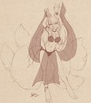 anthro belly_dancer blush breasts clothing digitigrade female fur looking_at_viewer multi_tail navel simple_background smile solo standing tail translucent translucent_clothing antiroo swedish_kitsune canid canine fox mammal 2017 hi_res