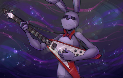 4_fingers anthro bow_(feature) bow_tie electric_guitar eyes_closed fingers guitar holding_musical_instrument holding_object lens_flare long_ears machine male motion_lines musical_instrument musical_note musical_symbol nude playing_guitar playing_music plucked_string_instrument purple_body solo string_instrument symbol nobody_(artist) five_nights_at_freddy's flying_v gibson scottgames bonnie_(fnaf) animatronic lagomorph leporid mammal rabbit robot comic