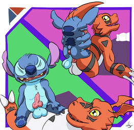 4_fingers 4_toes anal anal_penetration animal_genitalia animal_penis anus backsack balls bed blue_body blue_nose canine_genitalia canine_penis claws duo feet fingers furniture genitals interspecies knot male male/male male_penetrated male_penetrating male_penetrating_male notched_ear open_mouth penetration penis pillow red_body sex simple_background small_tail smile tail tail_grab toe_claws toes tongue versatile yellow_eyes lioninthesun bandai_namco digimon disney lilo_and_stitch stitch_(lilo_and_stitch) alien digimon_(species) experiment_(lilo_and_stitch) guilmon 2022 crossover hi_res signature