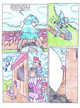 anthro blue_clothing blue_hair blue_shirt blue_topwear clothing female female_pred hair oral_vore outside sharp_teeth shirt solo speech_bubble teeth text topwear vore virus-20 wendy_wolf_(virus-20) avian bird canid canine canis chicken galliform mammal phasianid wolf 2007 comic traditional_media_(artwork)