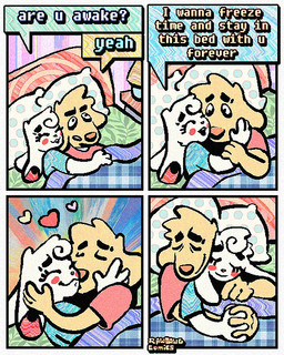 4_panel_comic anthro cheek_spots clothing cuddling dialogue duo ears_down eyes_closed floppy_ears fur half-closed_eyes kissing_cheek male narrowed_eyes open_mouth open_smile pivoted_ears shirt smile speech_bubble t-shirt teeth text tooth_gap topwear white_body white_fur wide_eyed yellow_body yellow_fur rawdawgcomics bingus_(rawdawgcomics) stahli_(rawdawgcomics) bird_dog canid canine canis domestic_dog golden_retriever hunting_dog lagomorph leporid mammal rabbit retriever 4:5 comic english_text hi_res
