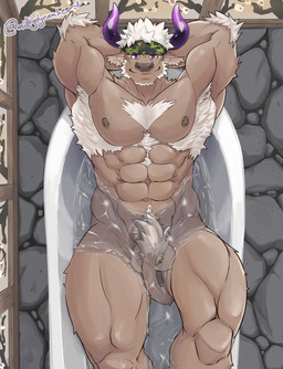 abs accessory anthro arm_tuft armpit_hair balls bath big_muscles body_hair brown_body brown_fur brown_nipples brown_nose chest_hair elbow_tuft fur genitals hair hands_behind_head headband horn looking_at_viewer male muscular muscular_anthro muscular_male nipples nude pecs purple_eyes purple_horn smile solo tuft white_hair milkydynamike lifewonders tokyo_afterschool_summoners shennong_(tas) bovid bovine cattle mammal 2020 absurd_res hi_res