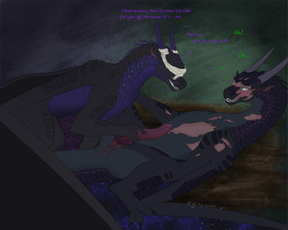 animal_genitalia anus blind blind_eye blindfold bodily_fluids burn_scar claws disability duo erection female feral genital_fluids genital_slit genitals handjob horn lying male male/female membrane_(anatomy) membranous_wings on_back penile penis scales scar scars_all_over sex smile tail teeth text touching_penis wings gray-scales mythology wings_of_fire fatespeaker_(wof) starflight_(wof) dragon mythological_creature mythological_scalie nightwing_(wof) scalie absurd_res hi_res