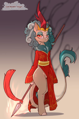 animal_genitalia animal_vulva clothed clothing equine_genitalia equine_vulva eyelashes female feral genitals glistening glistening_body green_hair hair holding_melee_weapon holding_object holding_polearm holding_spear holding_weapon looking_at_viewer melee_weapon no_underwear polearm pupils semi-anthro simple_background solo spear standing tail vulva weapon wide_hips cold-blooded-twilight friendship_is_magic hasbro my_little_pony queen_rain_shine_(mlp) kirin_(mlp) hi_res
